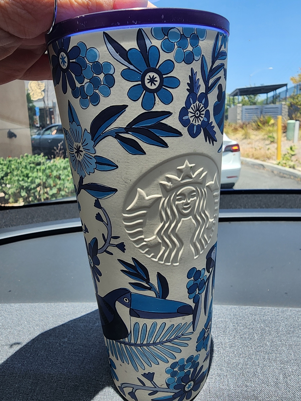 Starbucks Farm RIO Cream and Blue Floral Toucan Tumbler with Blue Rim